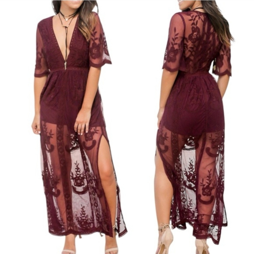 Honey Punch Burgundy Lace Sheer Maxi Jumpsuit Romper Size M